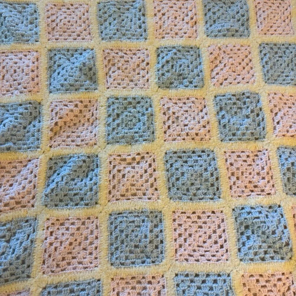 Handmade Crocheted Baby Blanket In Pastel PInk blue‎ Soft Cozy Square 30x30